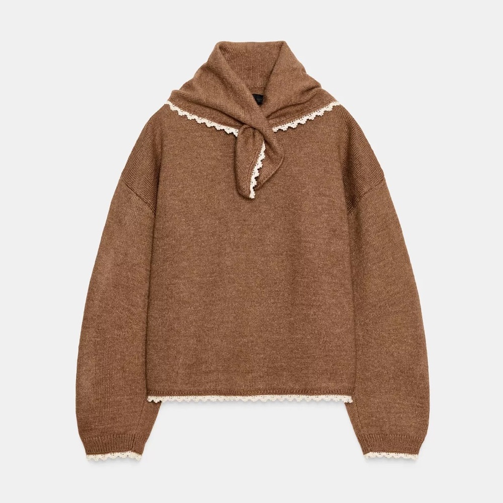 Zara Bandana Lace Knit Jumper / Sweater Camel NWT - Picture 6 of 9
